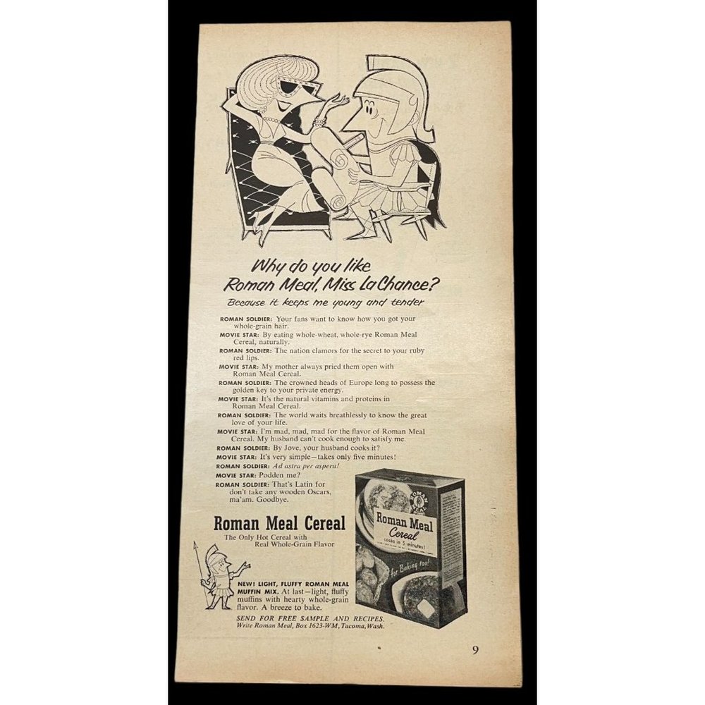 Roman Meal Cereal Vintage Print Ad 1955 Hot Breakfast Kitchen Decor